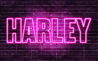 Harley, 4k, taustakuvia nimet, naisten nimi&#228;, Harley nimi, violetti neon valot, vaakasuuntainen teksti, kuva Harley nimi