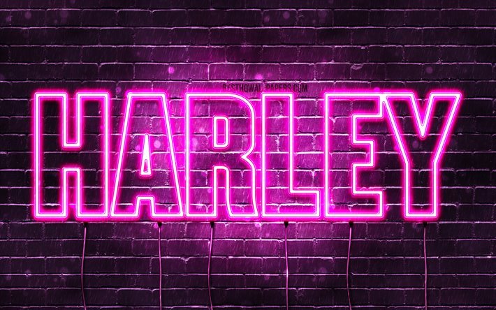 Harley, 4k, pap&#233;is de parede com os nomes de, nomes femininos, Harley nome, roxo luzes de neon, texto horizontal, imagem com Harley nome