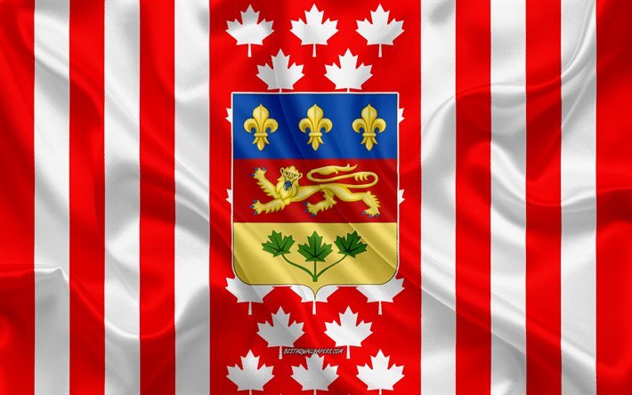 Coat of arms of Quebec, Canadian flag, silk texture, Quebec, Canada, Seal of Quebec, Canadian national symbols