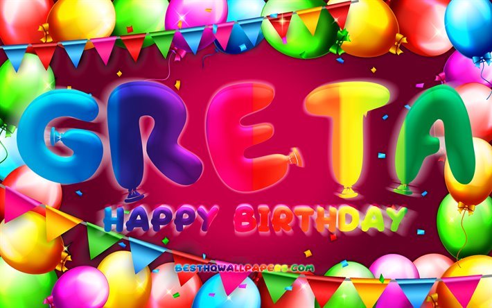 Happy Birthday Greta, 4k, colorful balloon frame, female names, Greta name, purple background, Greta Happy Birthday, Greta Birthday, popular Italian female names, Birthday concept, Greta