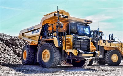 Komatsu HD605-8, dumper, 2019 trucks, quarry, big truck, yellow truck, Komatsu, mining truck, trucks, HDR