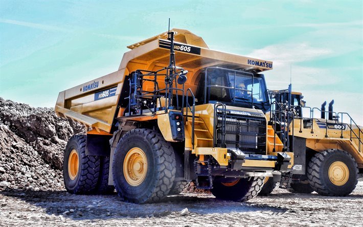小松HD605-8, ダンパー, 2019年トラック, 採石場, 大きなトラック, 黄色のトラック, 小松, 鉱山トラック, トラック, HDR