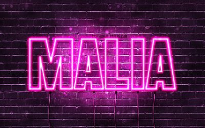 Malia, 4k, wallpapers with names, female names, Malia name, purple neon lights, horizontal text, picture with Malia name