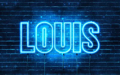 Louis, 4k, pap&#233;is de parede com os nomes de, texto horizontal, Louis nome, luzes de neon azuis, imagem com Louis nome