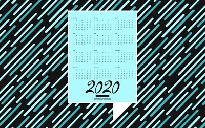 2020 Bleu Noir Calendrier, 2020 concepts, 2020, tous les mois calendrier, noir bleu lignes de fond, r&#233;tro 2020 calendrier