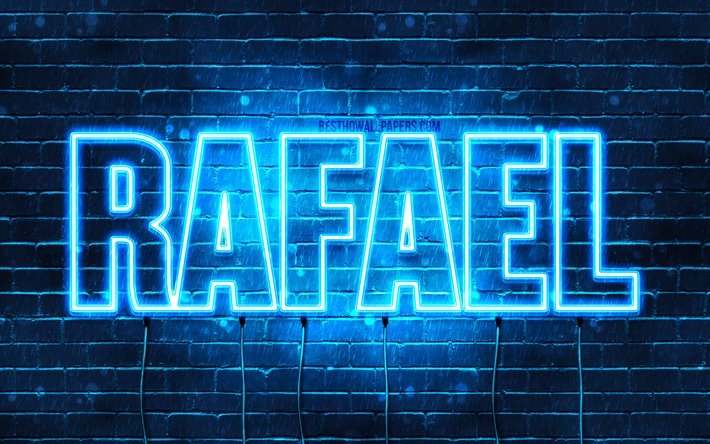 Rafael, 4k, pap&#233;is de parede com os nomes de, texto horizontal, Rafael nome, luzes de neon azuis, imagem com o nome de Rafael