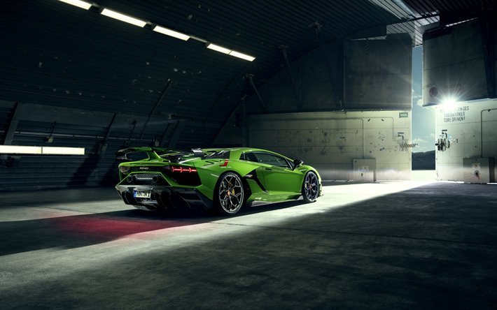Novitec Lamborghini Aventador SVJ, 2019, vue de l&#39;arri&#232;re, &#224; l&#39;ext&#233;rieur, vert, supercar, tuning Aventador, vert Aventador, des voitures de sport italiennes, Lamborghini