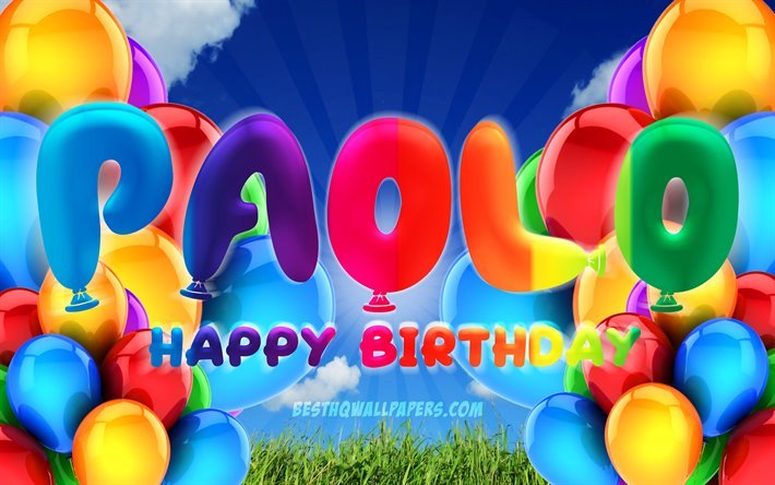 Paolo Happy Birthday, 4k, cloudy sky background, popular italian male names, Birthday Party, colorful ballons, Paolo name, Happy Birthday Paolo, Birthday concept, Paolo Birthday, Paolo