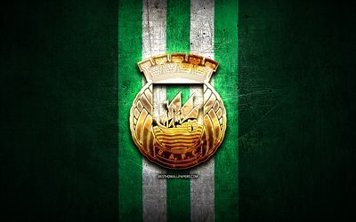 Rio Ave FC, golden logo, Primeira Liga, green metal background, football, Rio Ave, portuguese football club, Rio Ave logo, soccer, Portugal