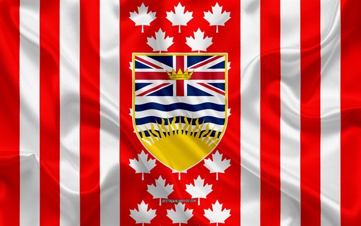 Coat of arms of British Columbia, Canadian flag, silk texture, British Columbia, Canada, Seal of British Columbia, Canadian national symbols