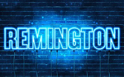 Remington, 4k, taustakuvia nimet, vaakasuuntainen teksti, Remington nimi, blue neon valot, kuva Remington nimi