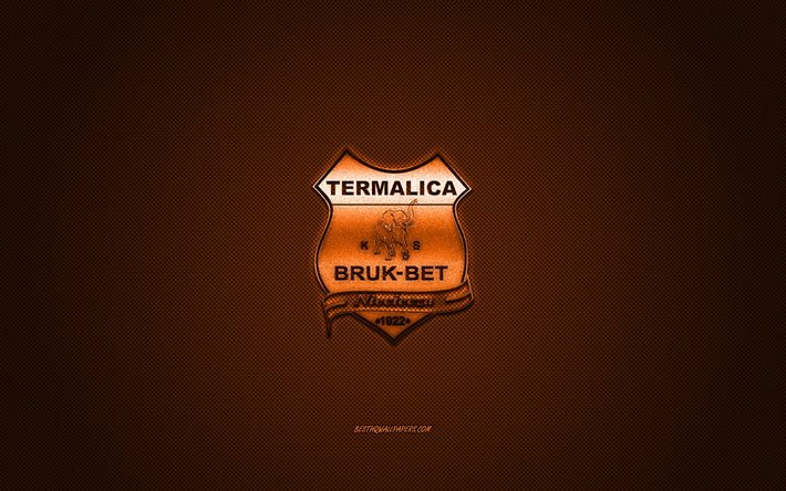 Bruk-Bet Termalica Nieciecza, Puolan football club, Ekstraklasa, oranssi logo, oranssi hiilikuitu tausta, jalkapallo, Netsecha, Puola, Bruk-Bet Termalica Nieciecza logo