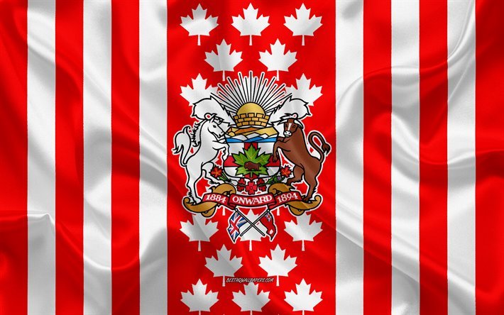 Bras&#227;o de armas de Calgary, Bandeira canadense, textura de seda, Calgary, Canad&#225;, Selo de Calgary, Canadense s&#237;mbolos nacionais