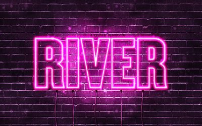 River, 4k, taustakuvia nimet, naisten nimi&#228;, Joen nimi, violetti neon valot, vaakasuuntainen teksti, kuva Joen nimi