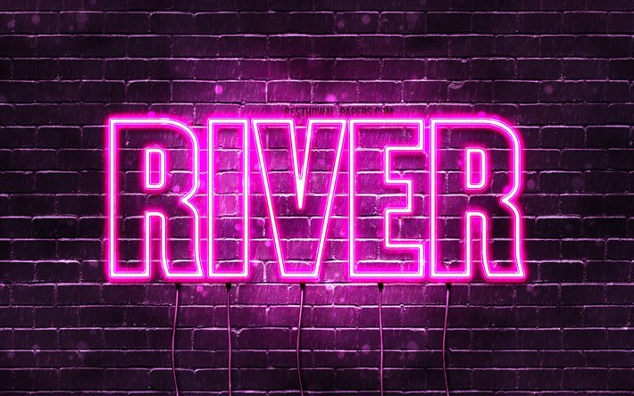River, 4k, taustakuvia nimet, naisten nimi&#228;, Joen nimi, violetti neon valot, vaakasuuntainen teksti, kuva Joen nimi