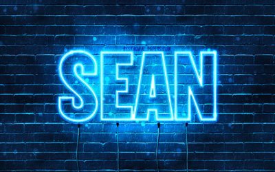 Sean, 4k, taustakuvia nimet, vaakasuuntainen teksti, Sean nimi, blue neon valot, kuvan Sean nimi