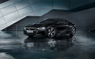 BMW I8, 4k, 2018, Erityinen Black Edition, Protonihappoja J&#228;&#228;dytetty Black Edition, musta urheiluauto, urheilu s&#228;hk&#246;auto, musta tuning i8, BMW