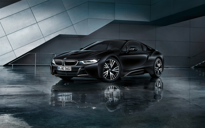 I8 BMW, 4k, 2018, &#214;zel Black Edition, Zayıf Dondurulmuş Black Edition, siyah, spor araba, ı8 elektrikli araba, siyah tuning, BMW spor