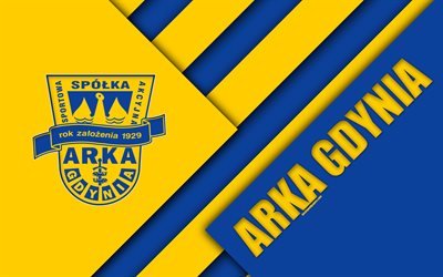 Arka Gdynia FC, 4k, logo, design de material, Clube de futebol polon&#234;s, amarelo azul abstra&#231;&#227;o, Gdynia, Pol&#243;nia, Ekstraklasa, futebol