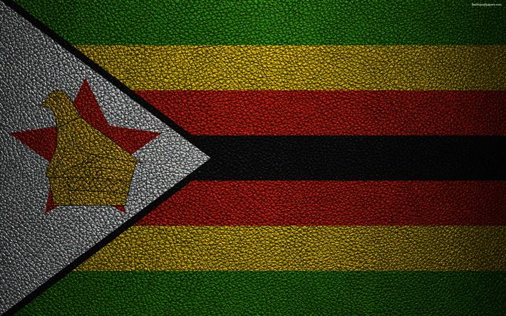 旗のジンバブエ, 4K, 革の質感, アフリカ, ジンバブエのフラグ, 旗のアフリカ諸国, ジンバブエ