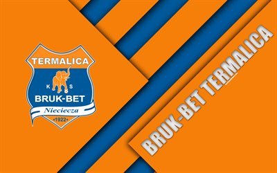 Bruk-Bet Termalica Nieciecza FC, 4k, logo, material design, Italian football club, orange, blue abstraction, Nieciecza, Polonia, premier league, calcio