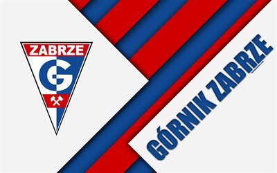 Gornik Zabrze FC, 4k, logo, materiaali suunnittelu, Puolan football club, valkoinen sininen abstraktio, Zabrze, Puola, Ekstraklasa, jalkapallo