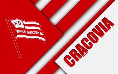 KS Cracovia, 4k, logo, materiaali suunnittelu, Puolan football club, punainen valkoinen abstraktio, Krakova, Puola, Ekstraklasa, jalkapallo, Cracovia FC
