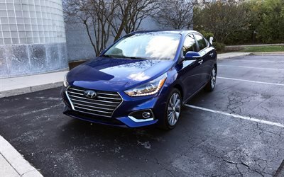 Hyundai Accent, 2018, 4k, uusi sininen Aksentti, sedan, n&#228;kym&#228; edest&#228;, uusia autoja, Hyundai