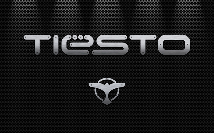DJ Tiesto, el logotipo, el metal de fondo, DJs, arte, Tiesto, superestrellas, rejilla de metal