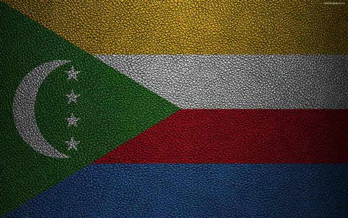 Bandera de Comoras, 4k, textura de cuero, &#193;frica, las banderas de los pa&#237;ses Africanos, Comoras