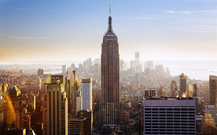 4k, Empire State Building, paisagens de cidade, manh&#227;, sunrice, Manhattan, EUA, Nova York, Am&#233;rica