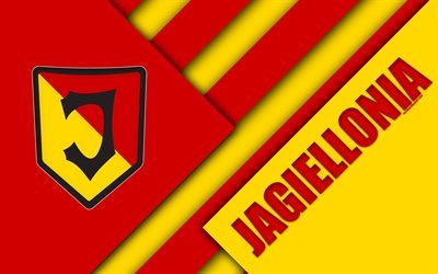 Jagiellonia FC, 4k, logo, materiaali suunnittelu, Puolan football club, punainen keltainen abstraktio, Bialystok, Puola, Ekstraklasa, jalkapallo