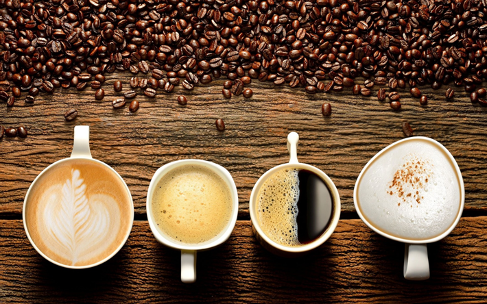 tassen mit kaffee, latte art, kaffee, getreide, schwarzer kaffee