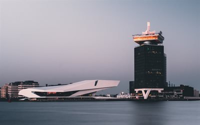 Amsterdam, 4k, moderna byggnader, Nederl&#228;nderna, Europa