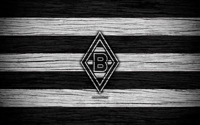 Borussia Monchengladbach, 4k, Bundesliga, logo, Germania, legno, texture, FC Borussia Monchengladbach, calcio, Borussia Monchengladbach FC
