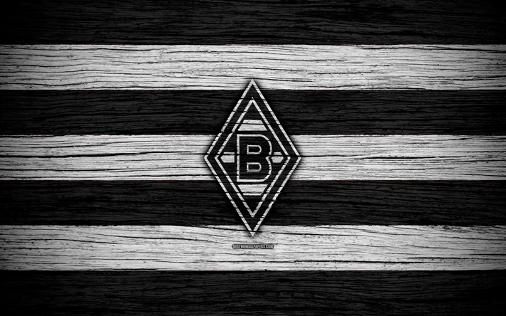 Borussia Monchengladbach, 4k, Bundesliga, logo, Almanya, ahşap doku, FC Borussia Monchengladbach, futbol, Borussia Monchengladbach FC