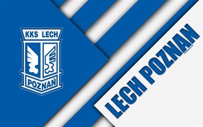lech poznan fc, 4k, logo, material, design, politur football club, blau-wei&#223;en abstraktion, poznan, polen, ekstraklasa, fu&#223;ball