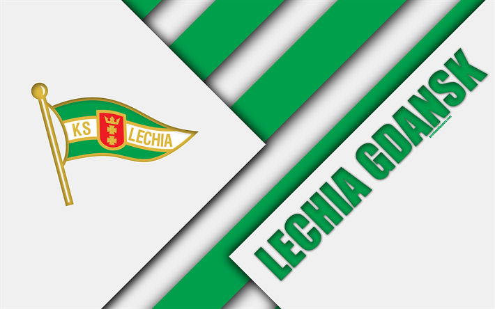 Lechia Gdansk FC, vihre&#228; valkoinen abstraktio, 4k, logo, materiaali suunnittelu, Puolan football club, Gdansk, Puola, Ekstraklasa, jalkapallo
