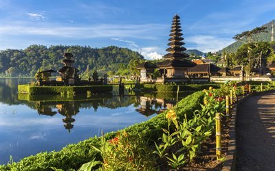 Pura Ulun Danu Bratan, 4k, A ilha dos Deuses, tr&#243;picos, montanhas, Bali, Indon&#233;sia, Arquip&#233;lago Malaio
