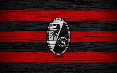 Freiburg, 4k, Bundesliga, logo, Germany, wooden texture, FC Freiburg, soccer, football, Freiburg FC