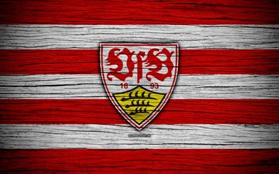 Stuttgart, 4k, Bundesliga, logo, Germany, wooden texture, FC Stuttgart, soccer, football, Stuttgart FC