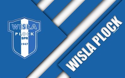 Wisla Plock FC, 4k, logo, material design, Polish football club, blue white abstraction, Plock, Poland, Ekstraklasa, football