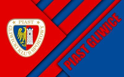 Piast Gliwice FC, 4k, logo, material design, Polish football club, blue red abstraction, Gliwice, Poland, Ekstraklasa, football