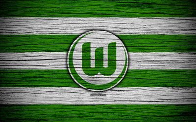 Wolfsburg, 4k, Bundesliga, logo, Germany, wooden texture, FC Wolfsburg, soccer, football, Wolfsburg FC