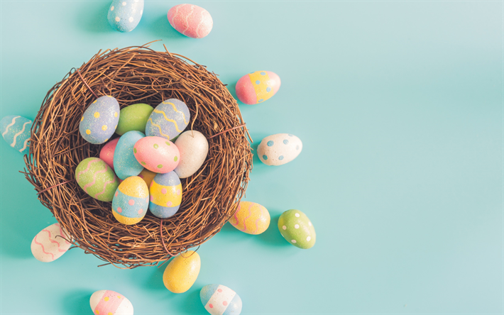 Easter eggs, nest, basket, Easter decoration, spring, decorated eggs