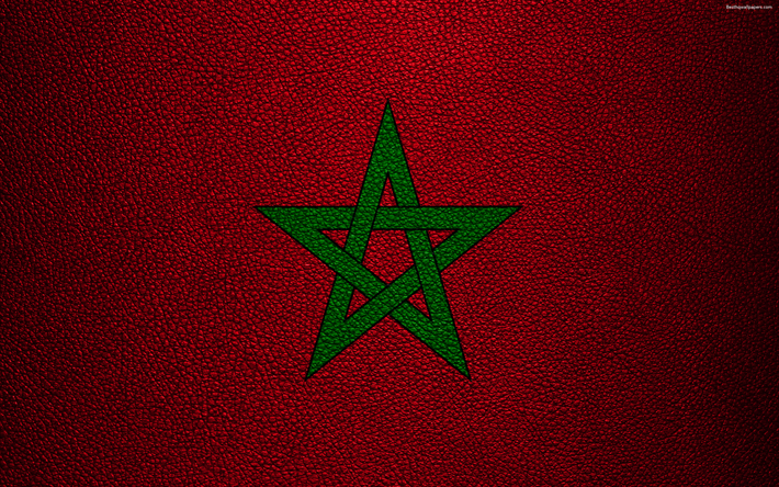 フラグモロッコ, 4k, 革の質感, アフリカ, モロッコの国旗, 旗のアフリカ諸国, モロッコ