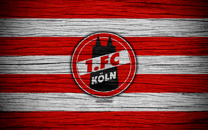 FC Koln, 4k, Bundesliga, logo, Alemanha, textura de madeira, Koln, futebol