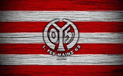 Mainz 05, 4k, Bundesliga, logo, Alemanha, textura de madeira, FC Mainz 05, futebol, Mainz 05 FC