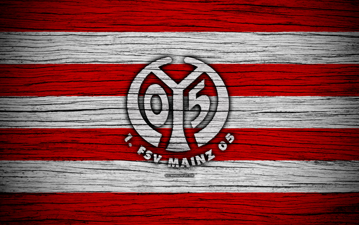 Mainz 05, 4k, Bundesliiga, logo, Saksa, puinen rakenne, FC Mainz 05, jalkapallo, Mainz 05 FC