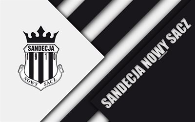 Sandecja Nowy Sacz, FC, 4k, logo, material design, Polish football club, black and white abstraction, Nowy Sacz, Poland, Ekstraklasa, football